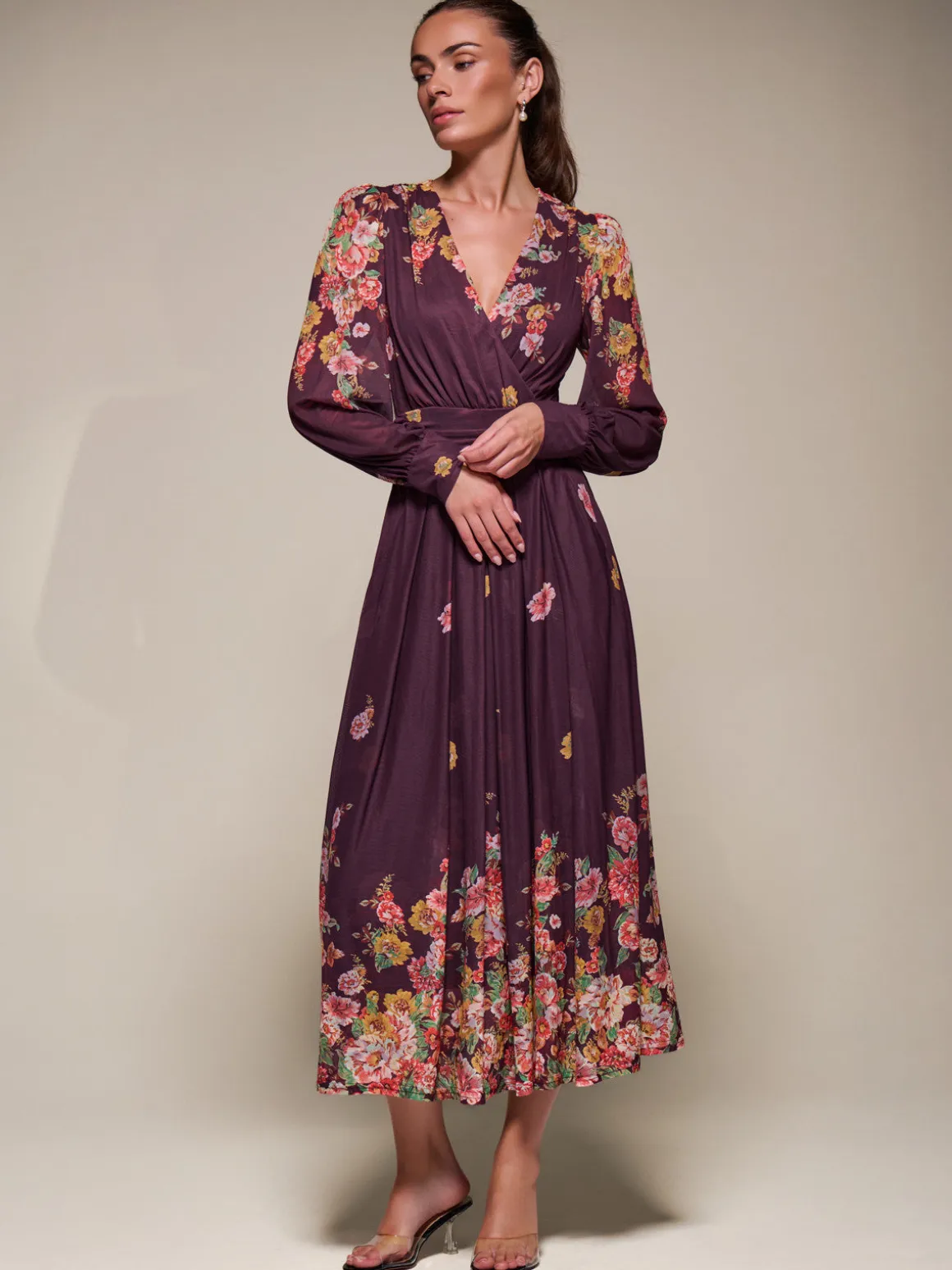 Long Sleeve Printed Mesh Midaxi Dress, Burgundy Floral