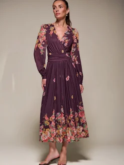 Long Sleeve Printed Mesh Midaxi Dress, Burgundy Floral