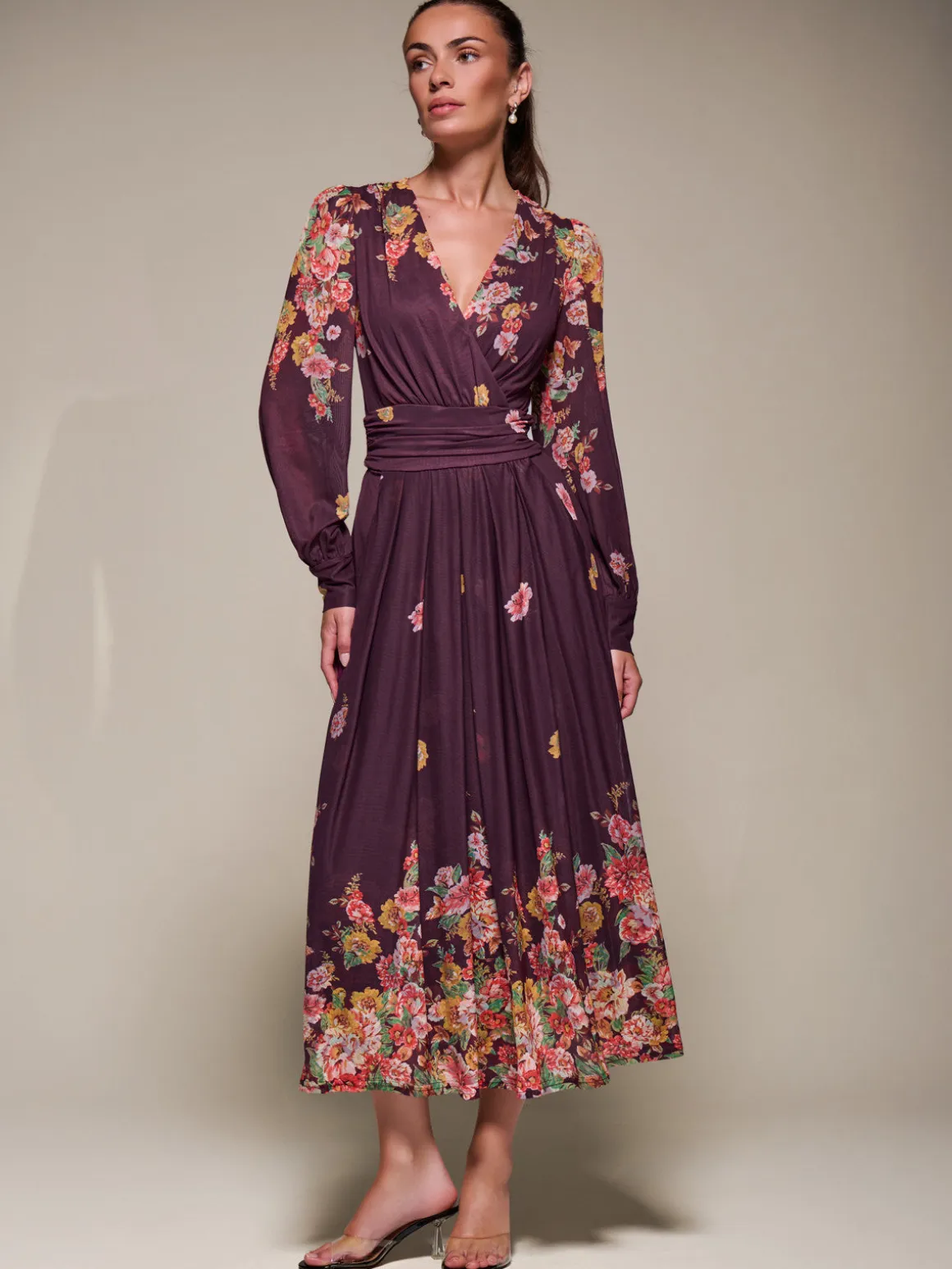 Long Sleeve Printed Mesh Midaxi Dress, Burgundy Floral