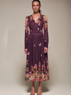 Long Sleeve Printed Mesh Midaxi Dress, Burgundy Floral