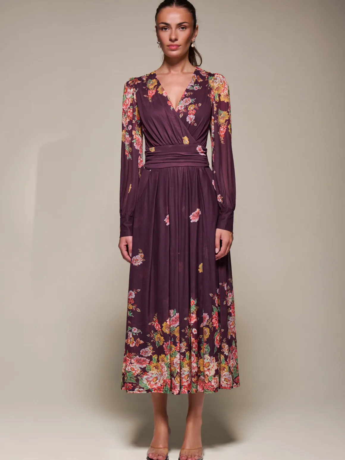 Long Sleeve Printed Mesh Midaxi Dress, Burgundy Floral