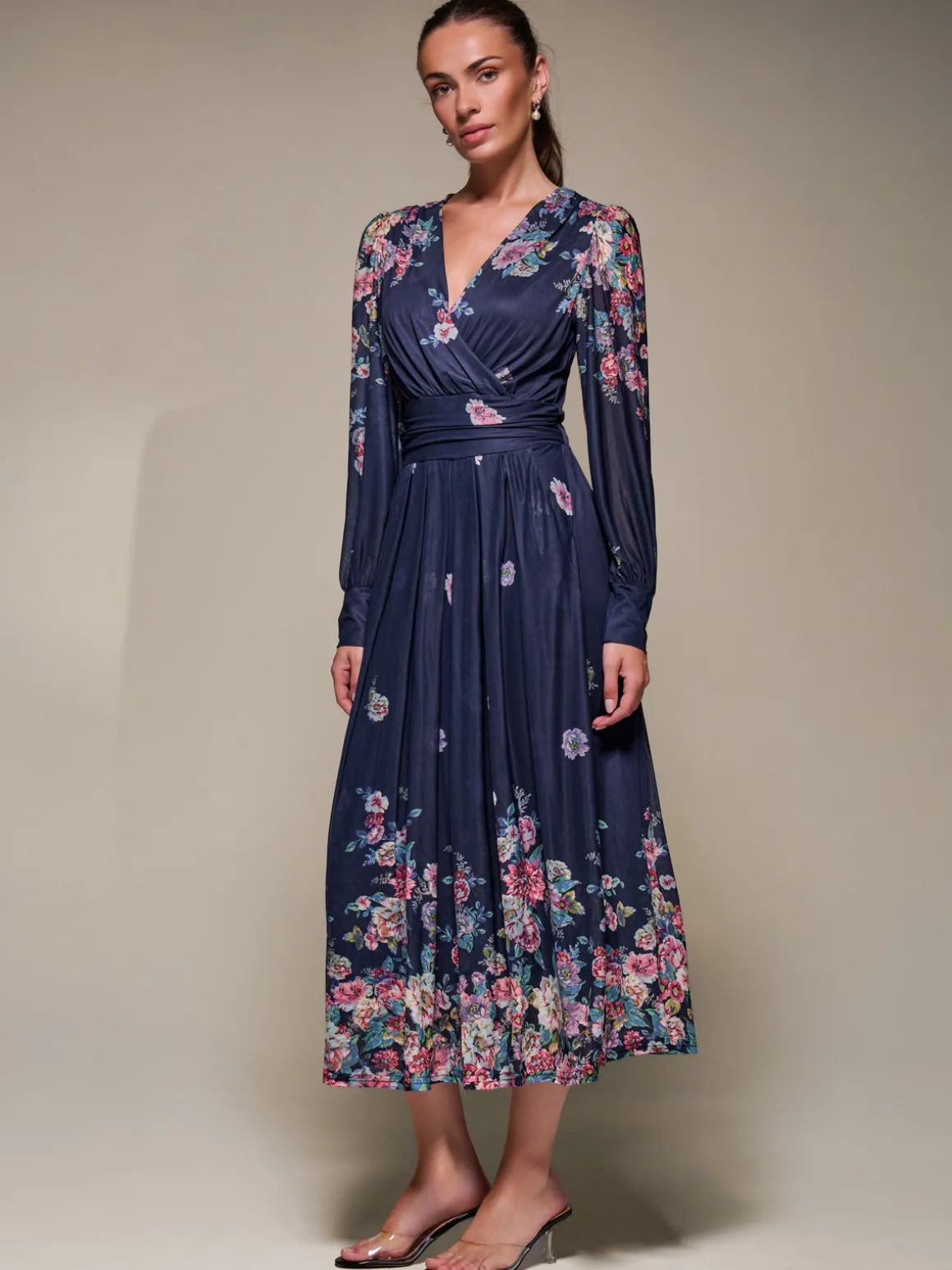 Long Sleeve Printed Mesh Midaxi Dress, Navy Floral