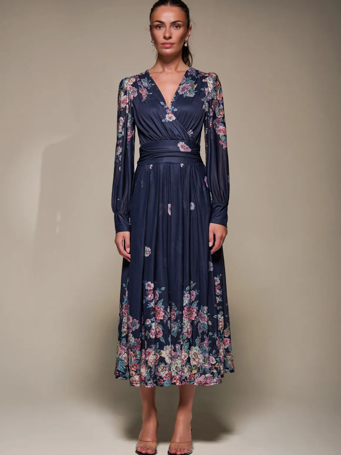 Long Sleeve Printed Mesh Midaxi Dress, Navy Floral
