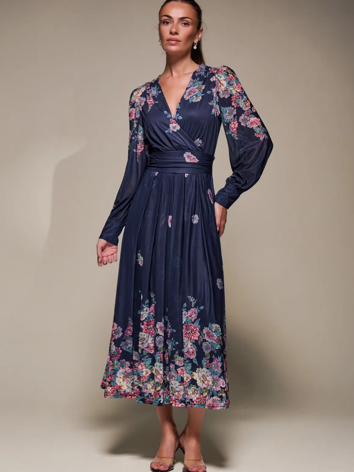 Long Sleeve Printed Mesh Midaxi Dress, Navy Floral