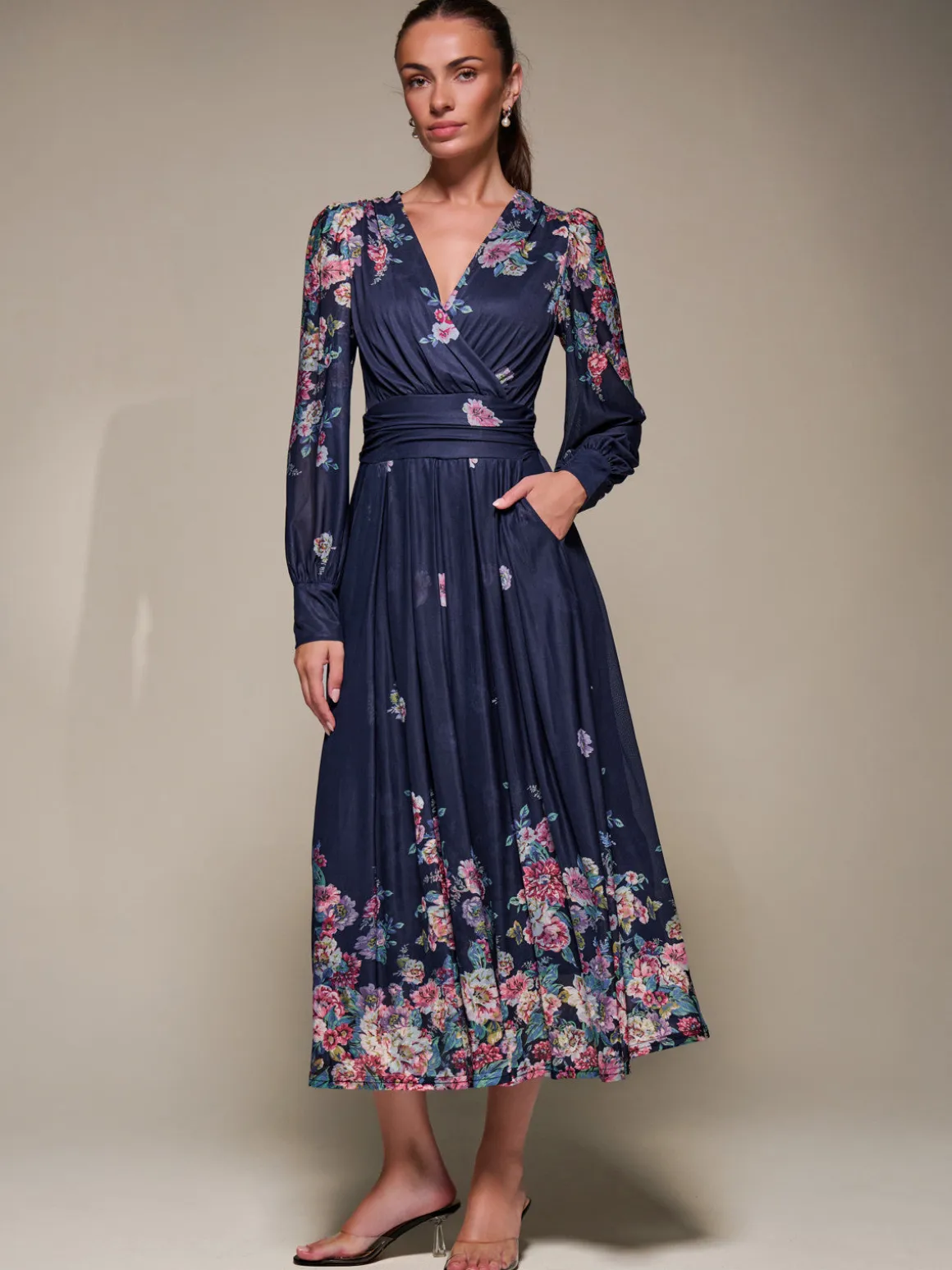 Long Sleeve Printed Mesh Midaxi Dress, Navy Floral