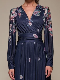 Long Sleeve Printed Mesh Midaxi Dress, Navy Floral