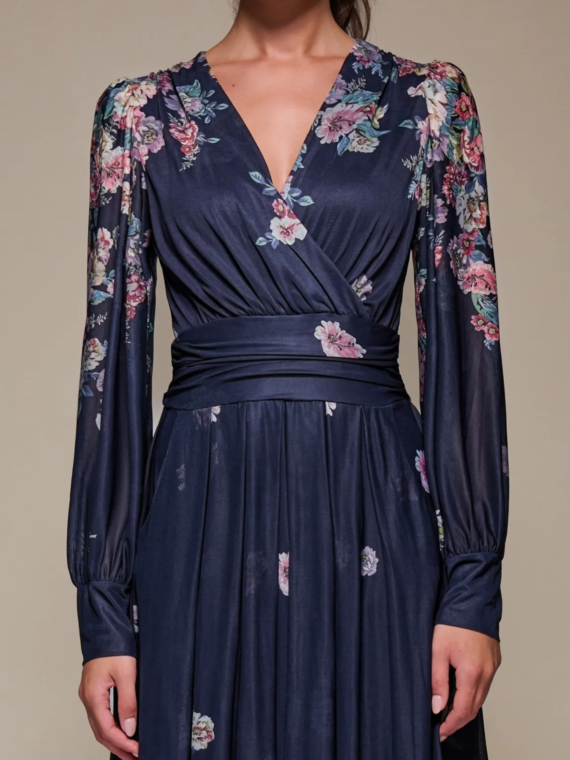 Long Sleeve Printed Mesh Midaxi Dress, Navy Floral