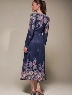 Long Sleeve Printed Mesh Midaxi Dress, Navy Floral