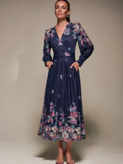 Long Sleeve Printed Mesh Midaxi Dress, Navy Floral