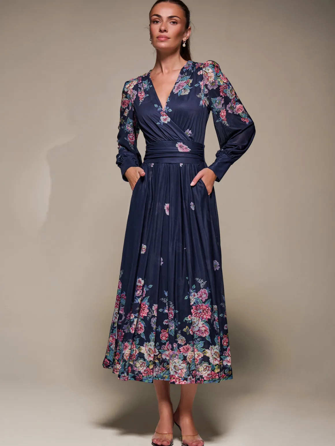 Long Sleeve Printed Mesh Midaxi Dress, Navy Floral