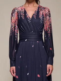 Long Sleeve Printed Mesh Midaxi Dress, Pink Leaf