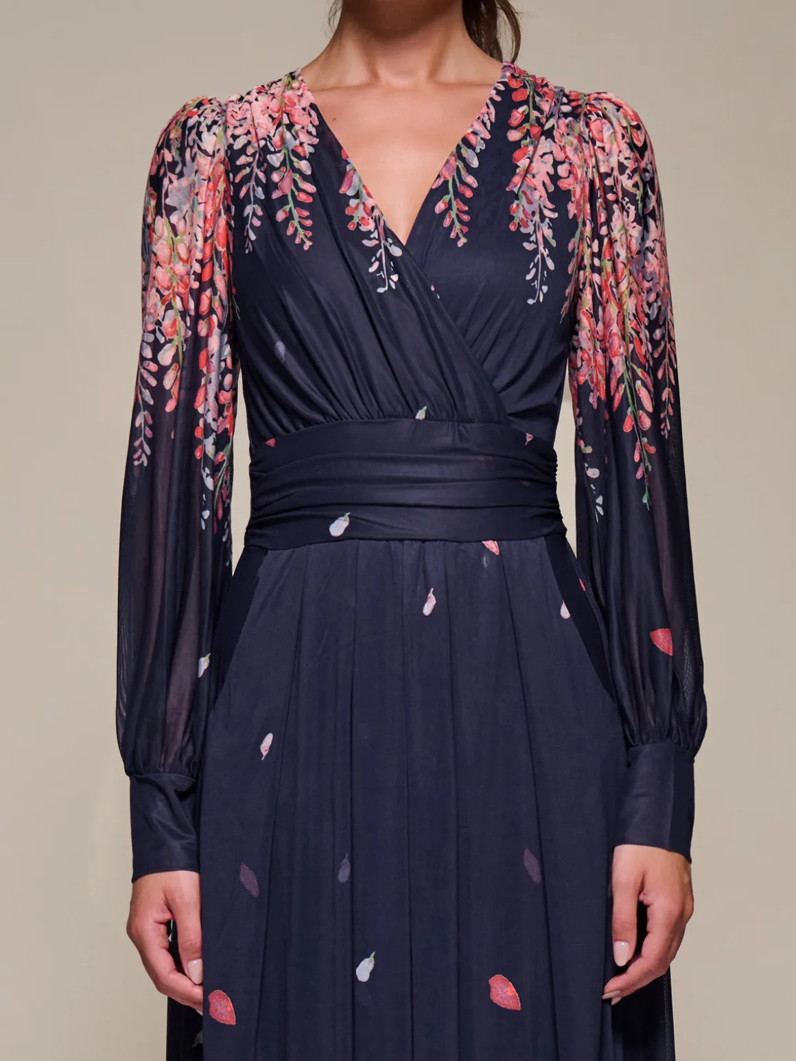 Long Sleeve Printed Mesh Midaxi Dress, Pink Leaf