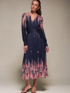 Long Sleeve Printed Mesh Midaxi Dress, Pink Leaf