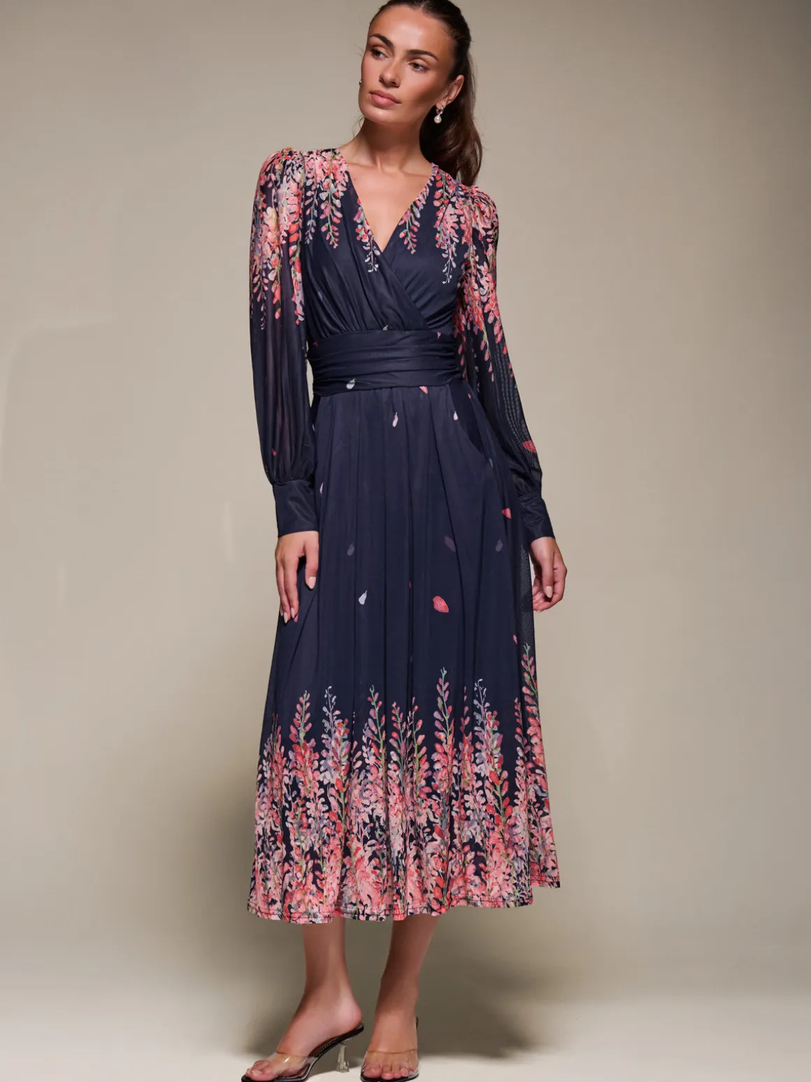 Long Sleeve Printed Mesh Midaxi Dress, Pink Leaf