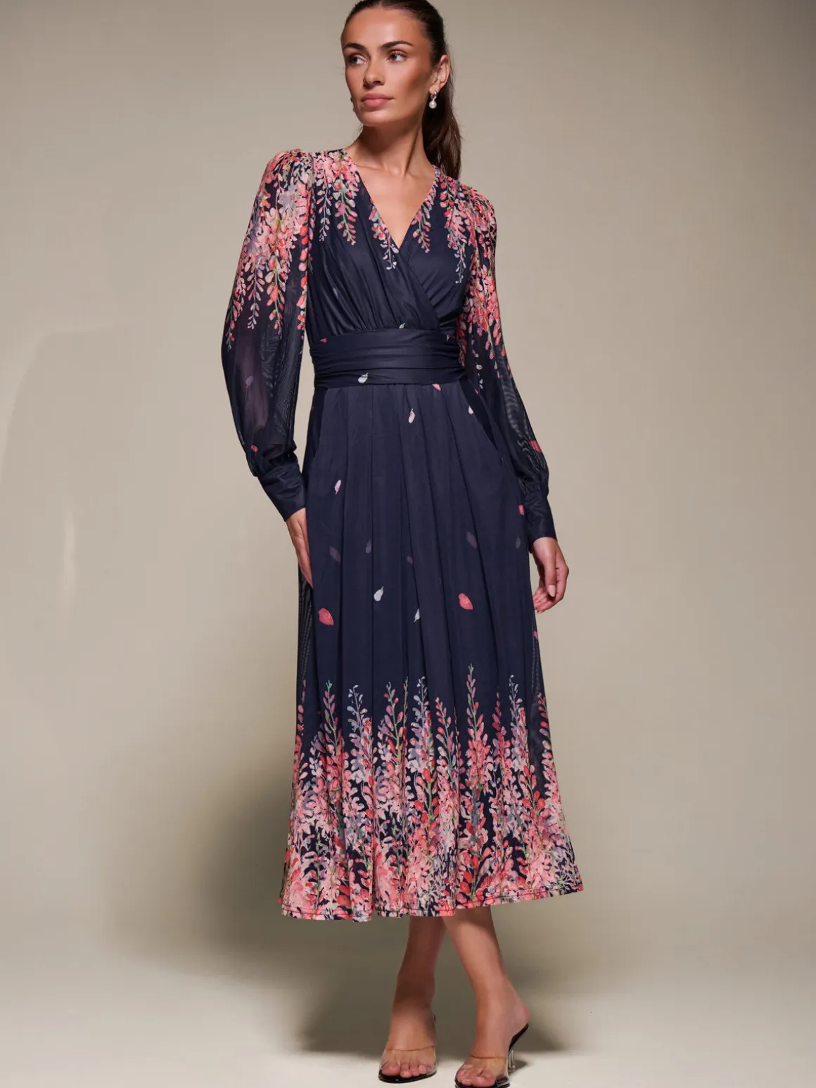 Long Sleeve Printed Mesh Midaxi Dress, Pink Leaf