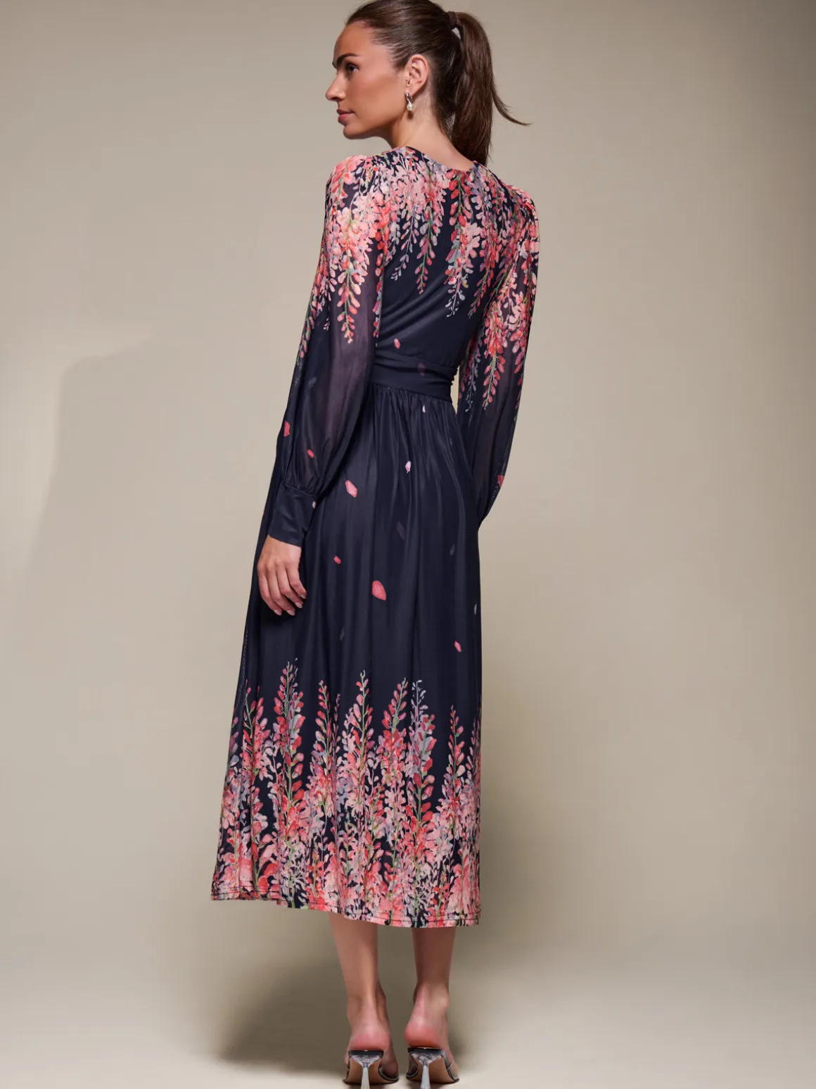 Long Sleeve Printed Mesh Midaxi Dress, Pink Leaf