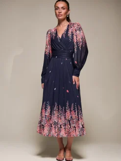 Long Sleeve Printed Mesh Midaxi Dress, Pink Leaf