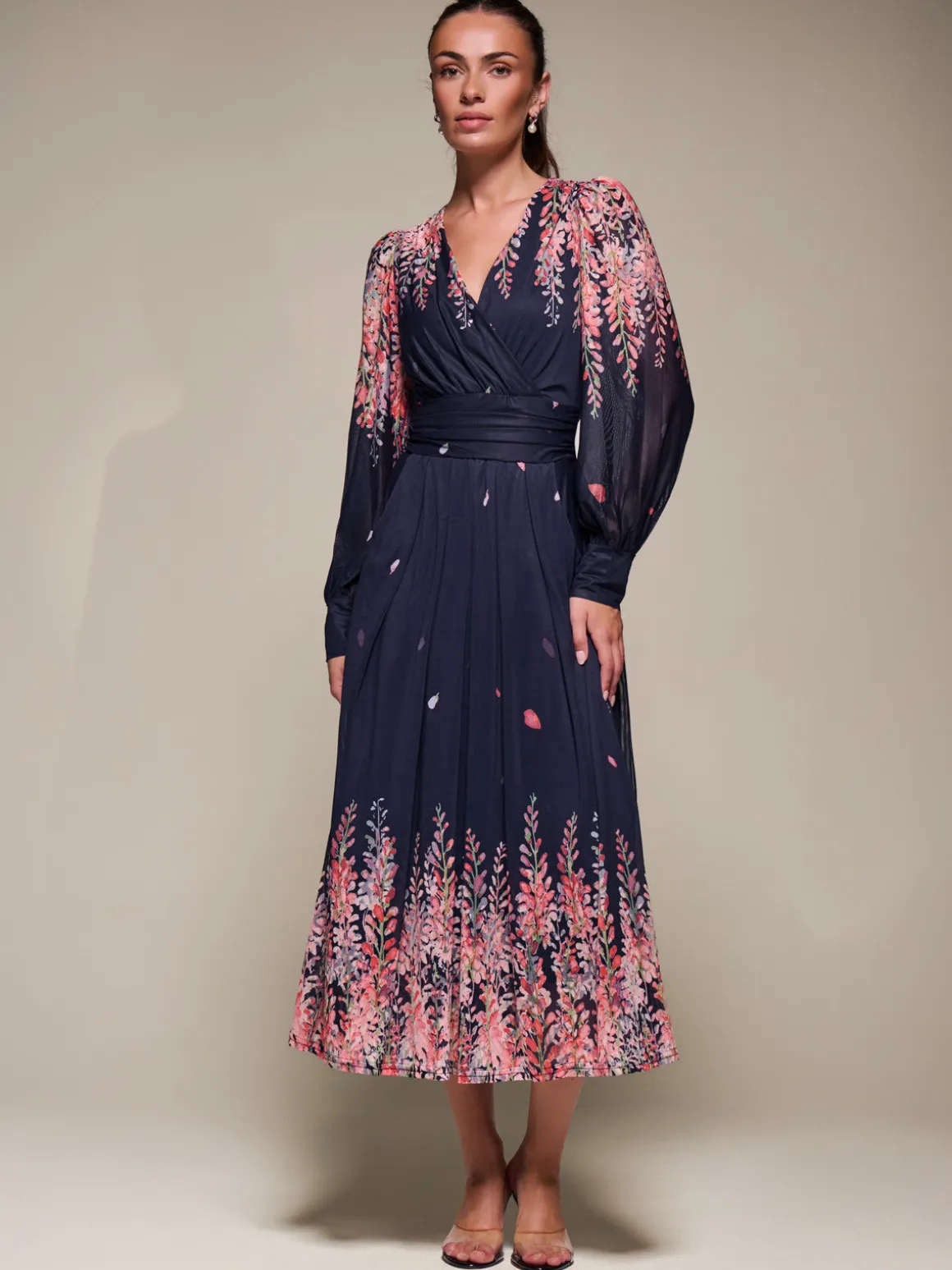 Long Sleeve Printed Mesh Midaxi Dress, Pink Leaf