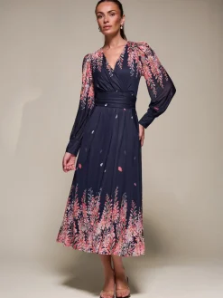 Long Sleeve Printed Mesh Midaxi Dress, Pink Leaf