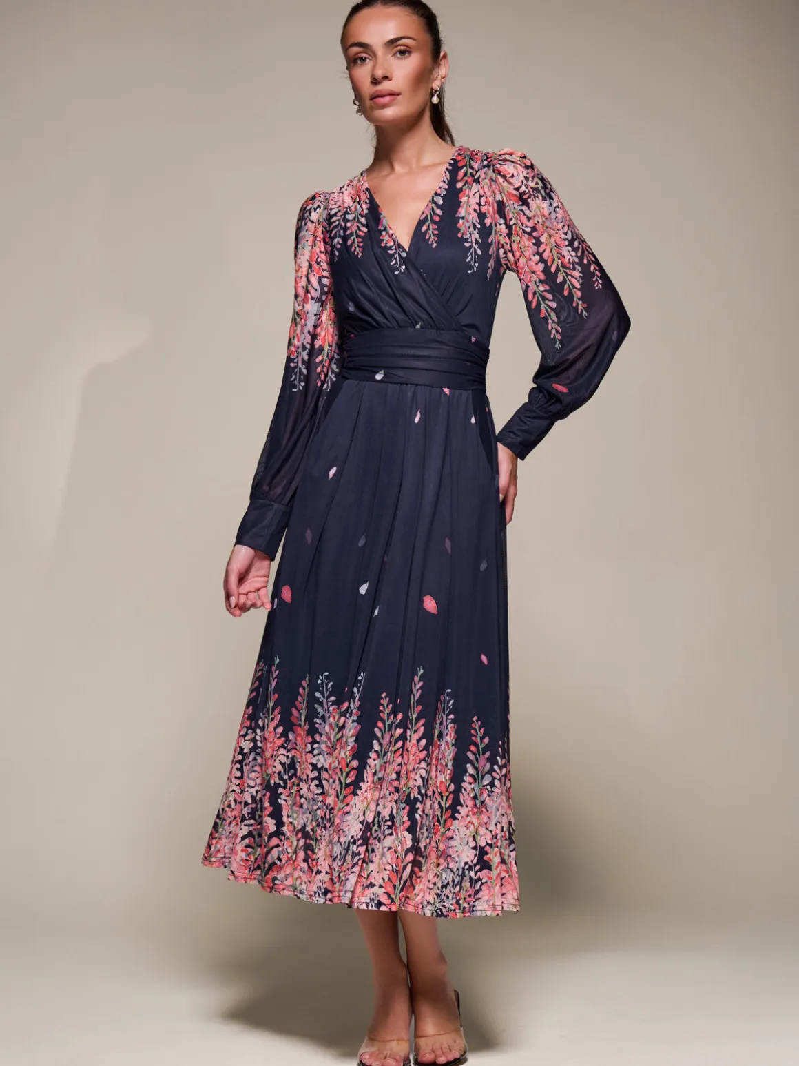 Long Sleeve Printed Mesh Midaxi Dress, Pink Leaf