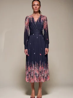 Long Sleeve Printed Mesh Midaxi Dress, Pink Leaf