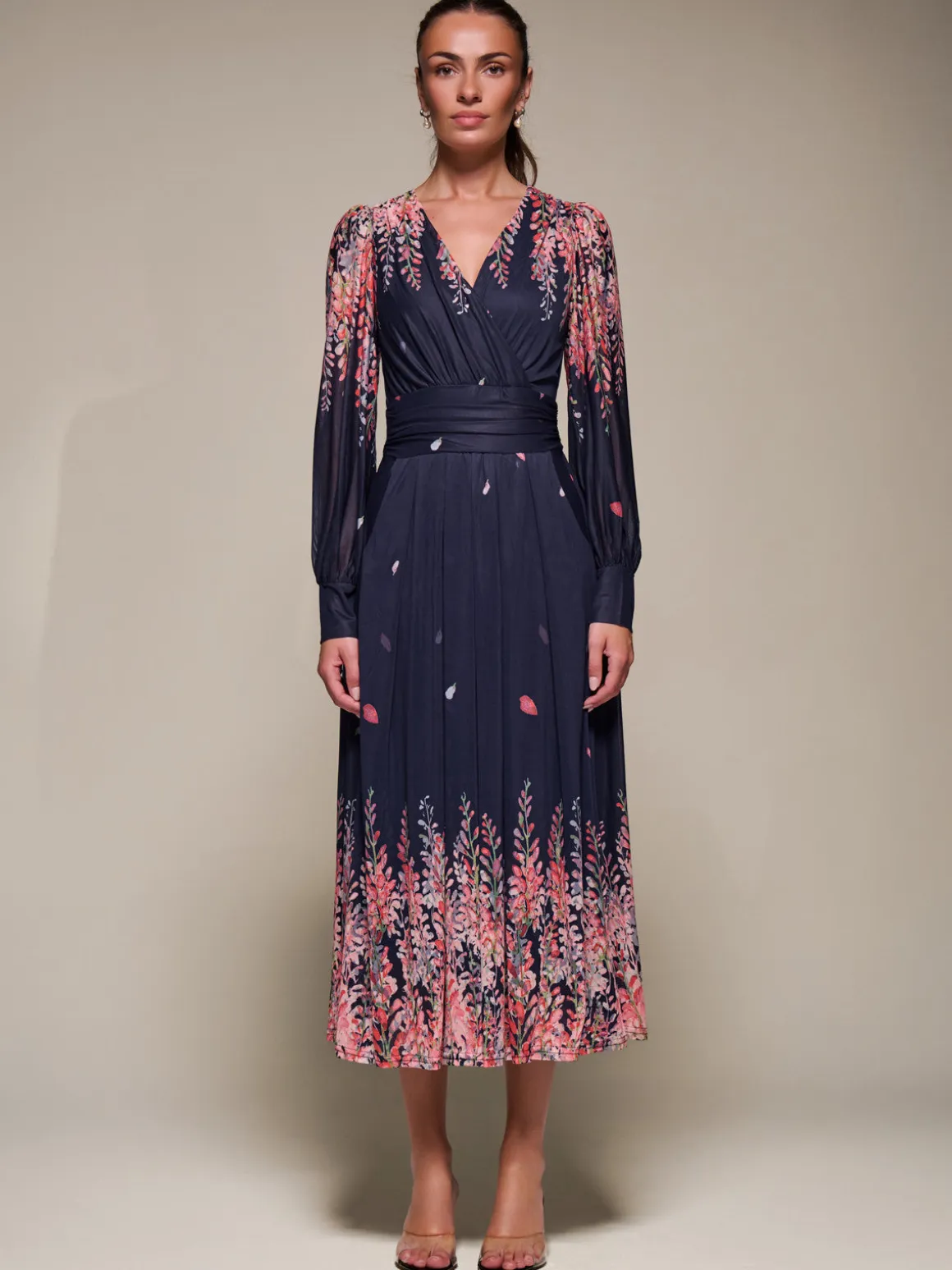 Long Sleeve Printed Mesh Midaxi Dress, Pink Leaf