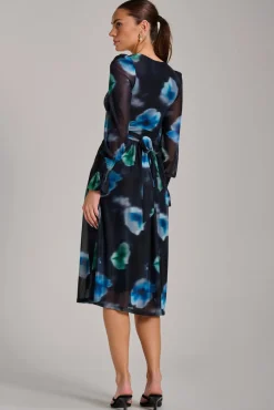 Long Sleeve Printed Mesh Midi Dress, Floral Multi