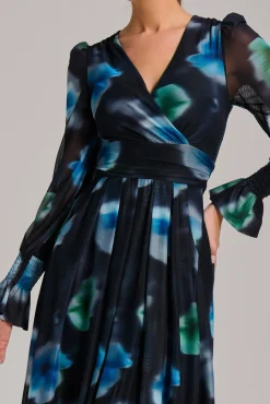 Long Sleeve Printed Mesh Midi Dress, Floral Multi