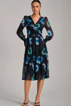 Long Sleeve Printed Mesh Midi Dress, Floral Multi