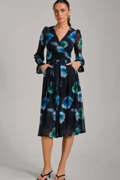 Long Sleeve Printed Mesh Midi Dress, Floral Multi