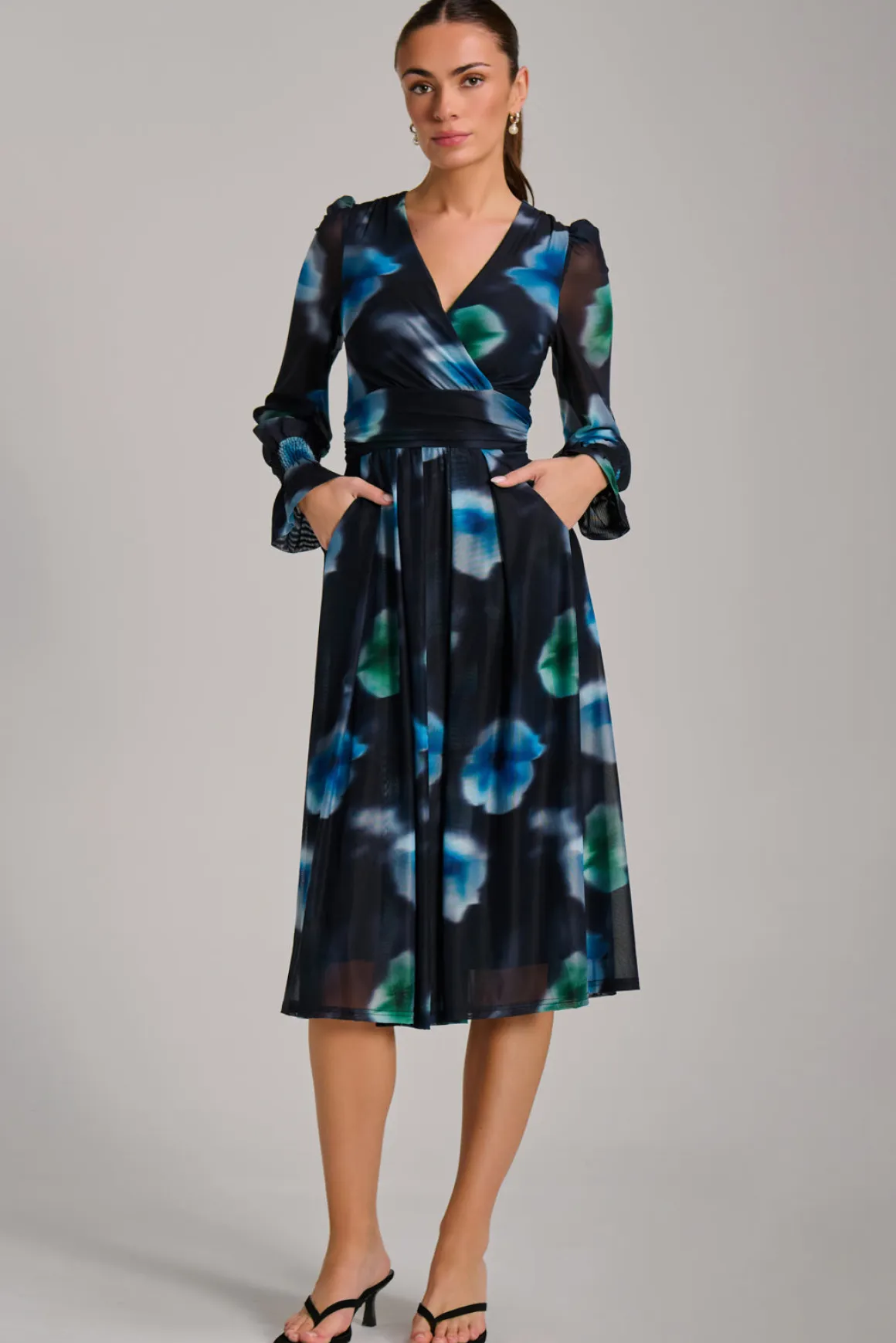 Long Sleeve Printed Mesh Midi Dress, Floral Multi