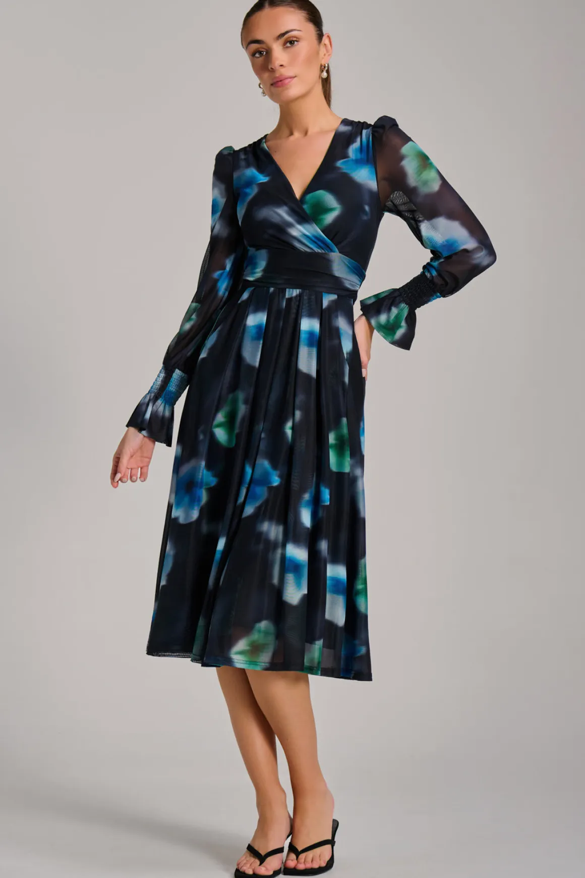 Long Sleeve Printed Mesh Midi Dress, Floral Multi