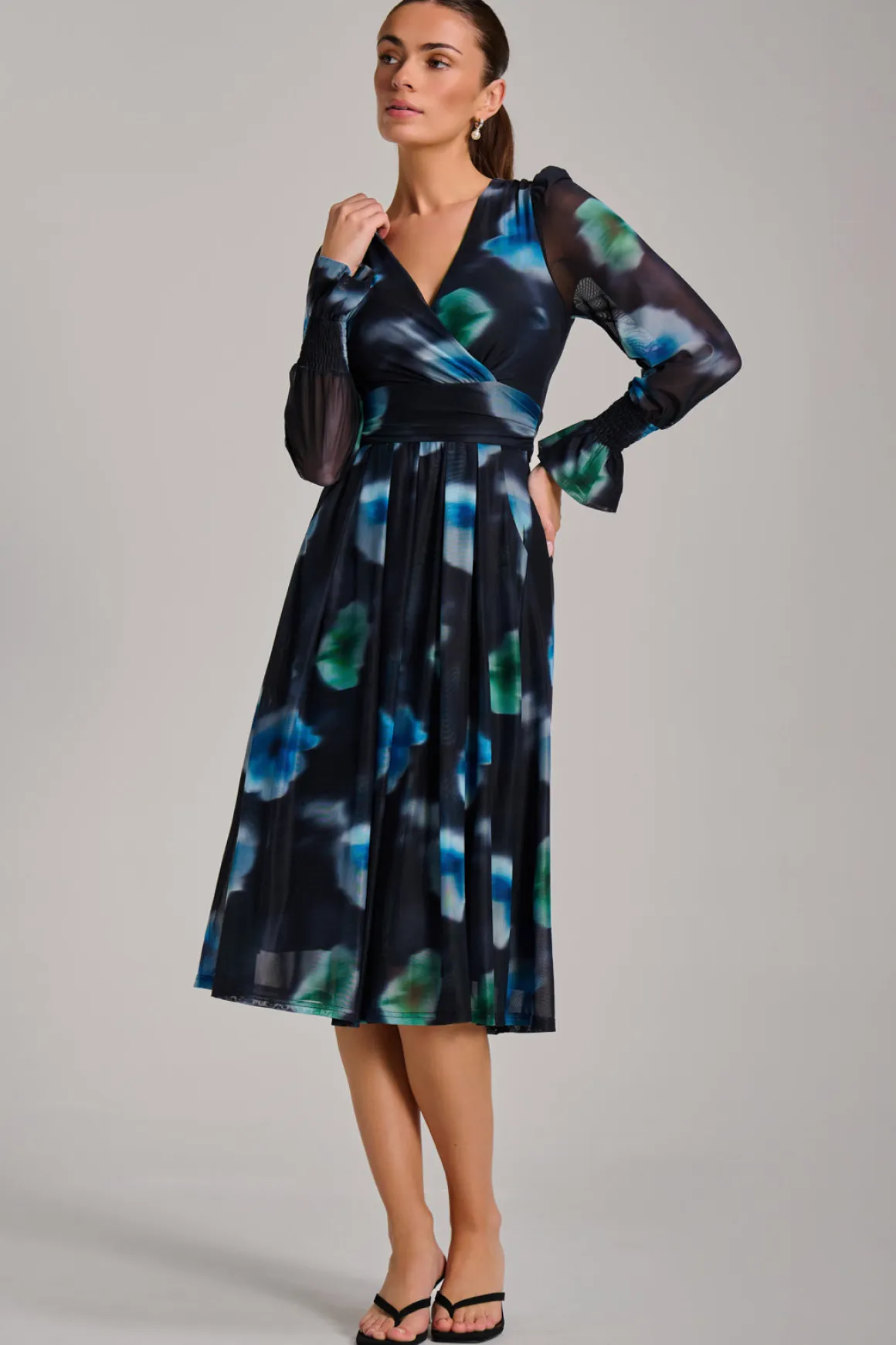 Long Sleeve Printed Mesh Midi Dress, Floral Multi