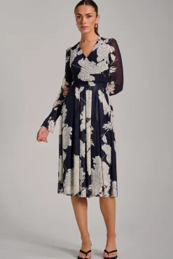 Long Sleeve Printed Mesh Midi Dress, Navy Floral