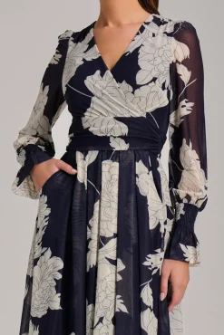 Long Sleeve Printed Mesh Midi Dress, Navy Floral