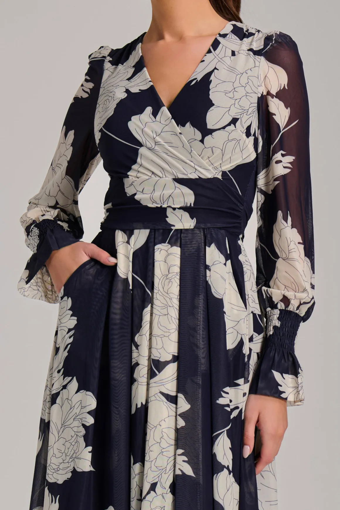 Long Sleeve Printed Mesh Midi Dress, Navy Floral