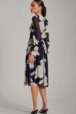 Long Sleeve Printed Mesh Midi Dress, Navy Floral