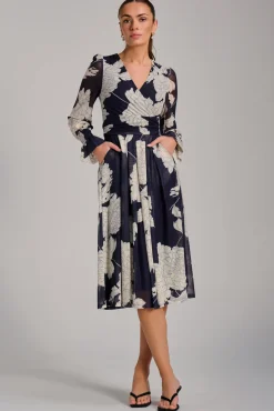 Long Sleeve Printed Mesh Midi Dress, Navy Floral