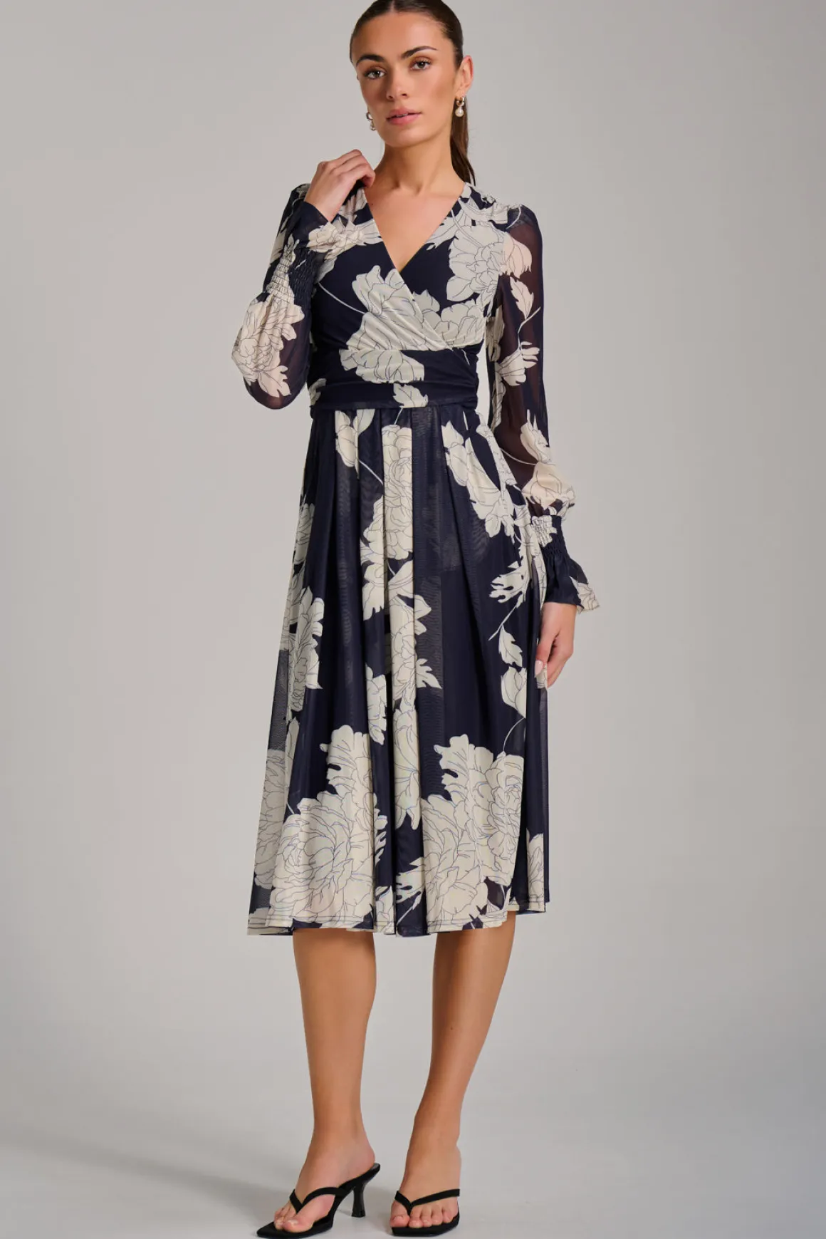 Long Sleeve Printed Mesh Midi Dress, Navy Floral