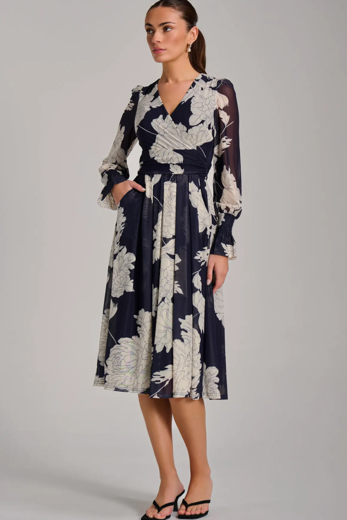Long Sleeve Printed Mesh Midi Dress, Navy Floral