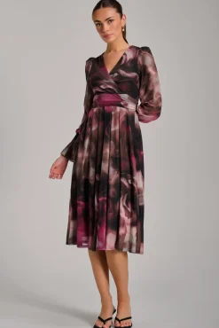 Long Sleeve Printed Mesh Midi Dress, Pink Abstract