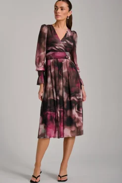 Long Sleeve Printed Mesh Midi Dress, Pink Abstract