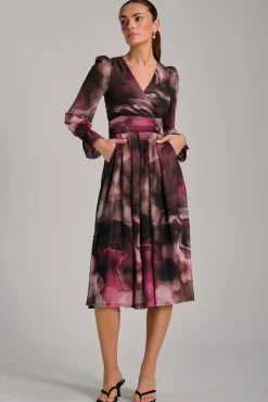 Long Sleeve Printed Mesh Midi Dress, Pink Abstract