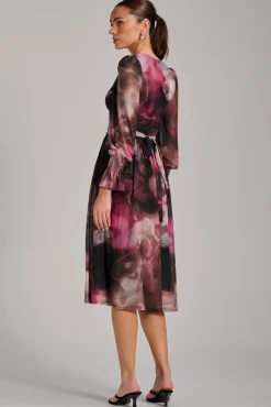Long Sleeve Printed Mesh Midi Dress, Pink Abstract