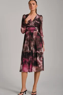 Long Sleeve Printed Mesh Midi Dress, Pink Abstract