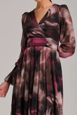 Long Sleeve Printed Mesh Midi Dress, Pink Abstract