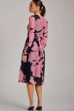 Long Sleeve Printed Mesh Midi Dress, Pink Floral