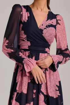 Long Sleeve Printed Mesh Midi Dress, Pink Floral