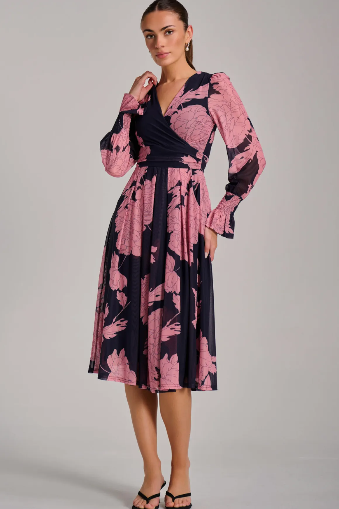 Long Sleeve Printed Mesh Midi Dress, Pink Floral