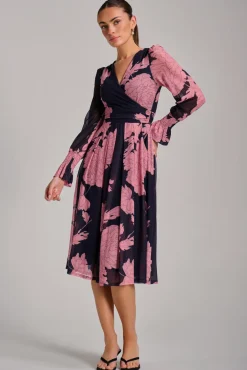 Long Sleeve Printed Mesh Midi Dress, Pink Floral
